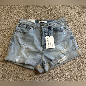 NWT Eunina Olivia Ultra High Rise Denim Mom Shorts Distressed Light Blue Size M